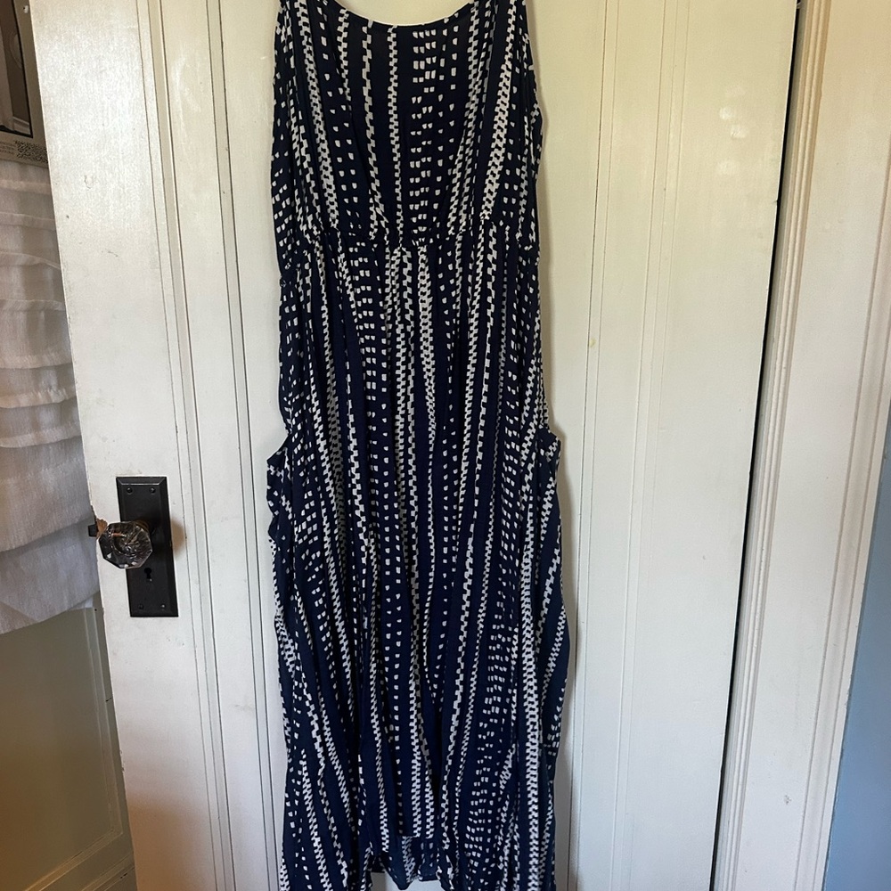 CAbi Navy & White Asymmetrical Maxi Dress